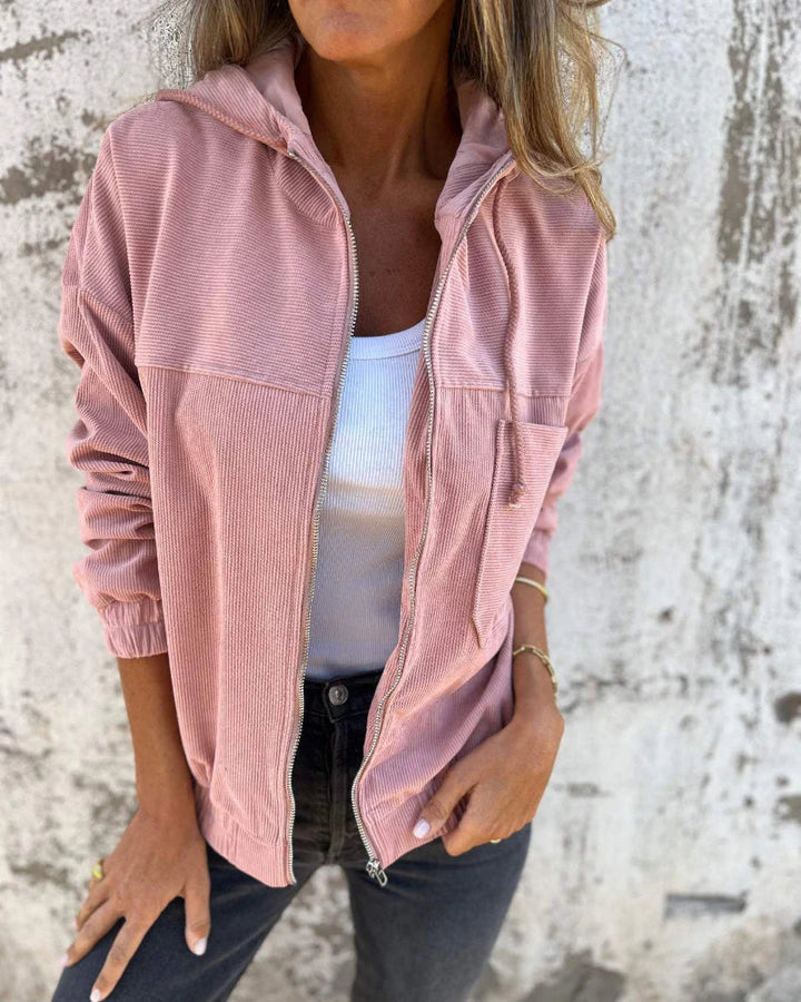 NOYA | Giacca con cappuccio in velluto cordonato alla moda con pratico chiusura lampo